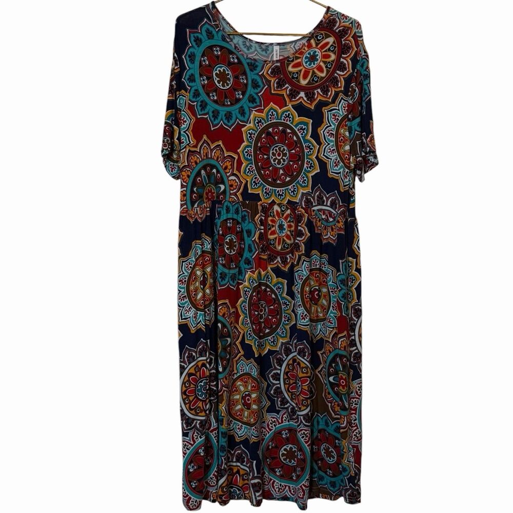 Boho Midi Dress Womens 3XL Multicolor Mandala DB Moon Pocket Short Sleeve - Picture 2 of 11
